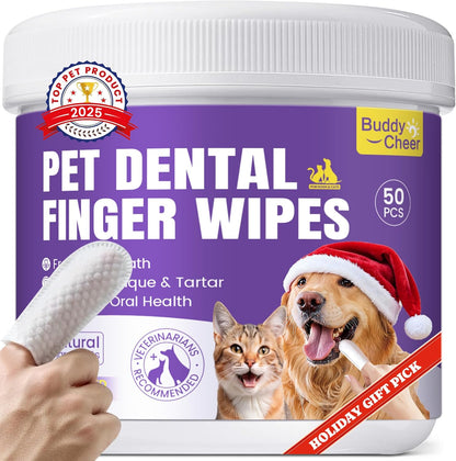 No-Rinse Dog Dental Care Wipes, Cat & Dog tooth brushing kit, Dog Wipes for Pet & Cat Teeth Cleaning, Dog toothbrush Finger Dental Wipes to Remove Plaque & Tartar, Disposable Dog Wipes - 50 Count