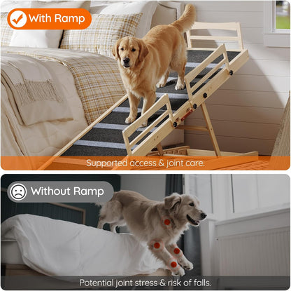HOOBRO Dog Ramp for Bed, 63" Long Folding Pet Ramp with Non-Slip Mat and Safety Side Rails, 5 Height Adjustable up to 29.5", Wooden Dog Ramp for Couch, for Small/Large Dogs, Natural and Black NB46PT03