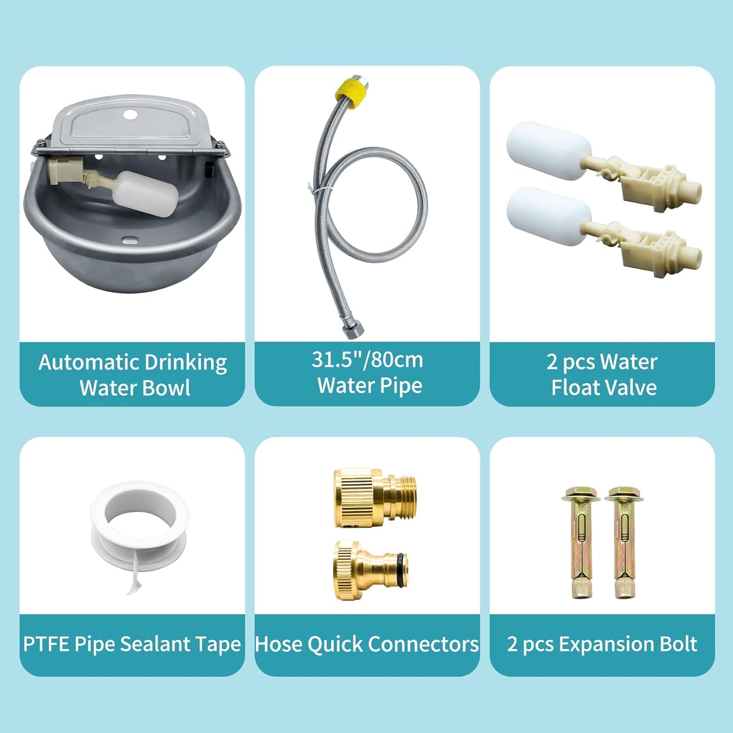 Automatic Animal Drinking Water Bowl, 304 Stainless Steel Waterer for Dog Horse Goat Pig Cow, Livestock Water Trough Dispenser with Pipe Hose, 2 Float Valves, Quick Connecter, Expansion Bolt