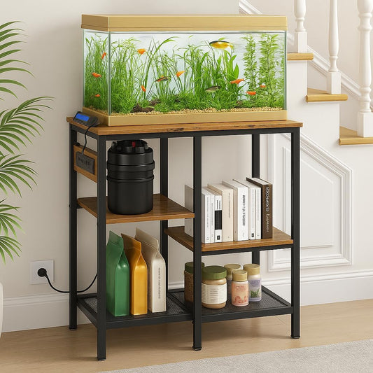 20-29-37 Gallon Fish Tank Stand with 3 Power Outlet 2 USB Port, Metal Aquarium Stand with 4-Tier Adjustable Storage Shelves, 30''L* 13''W*30''H Reptile Tank Stand, Fish Tank Table