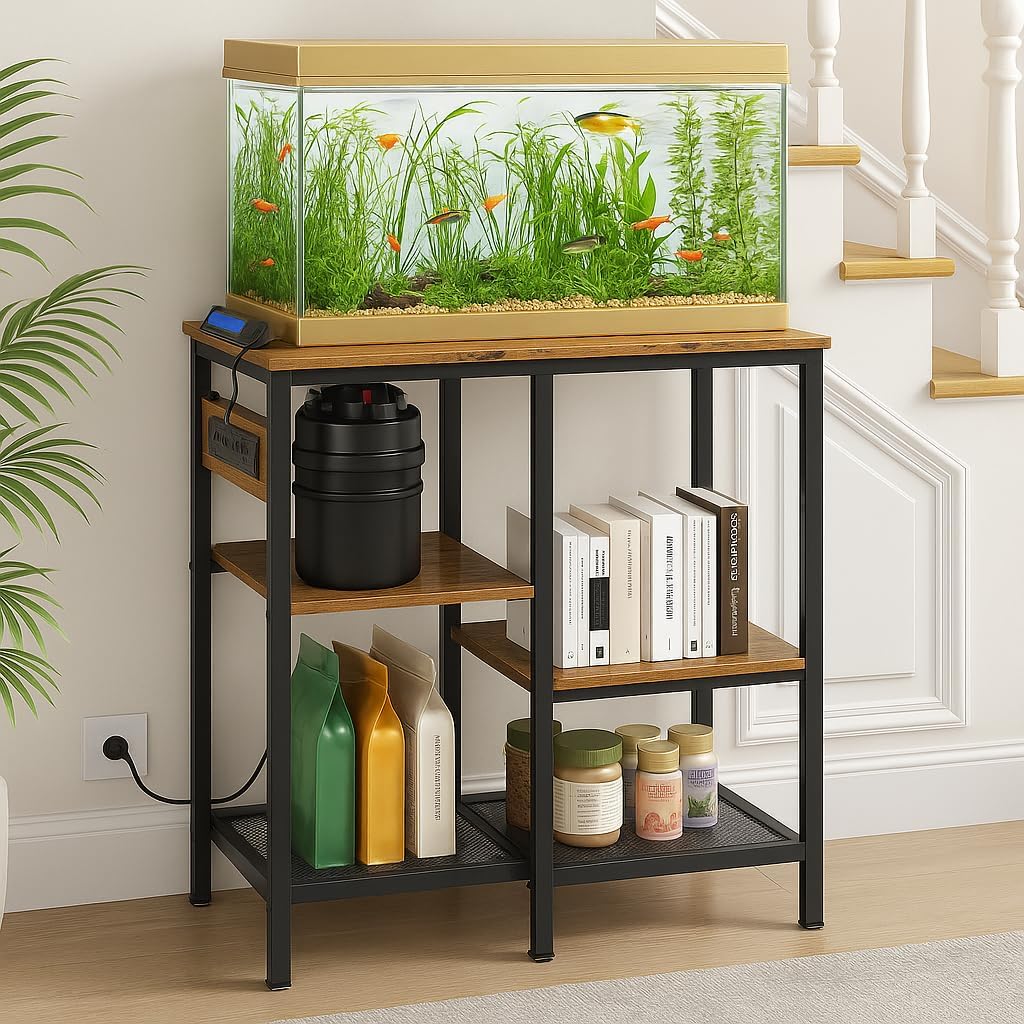20-29-37 Gallon Fish Tank Stand with 3 Power Outlet 2 USB Port, Metal Aquarium Stand with 4-Tier Adjustable Storage Shelves, 30''L* 13''W*30''H Reptile Tank Stand, Fish Tank Table