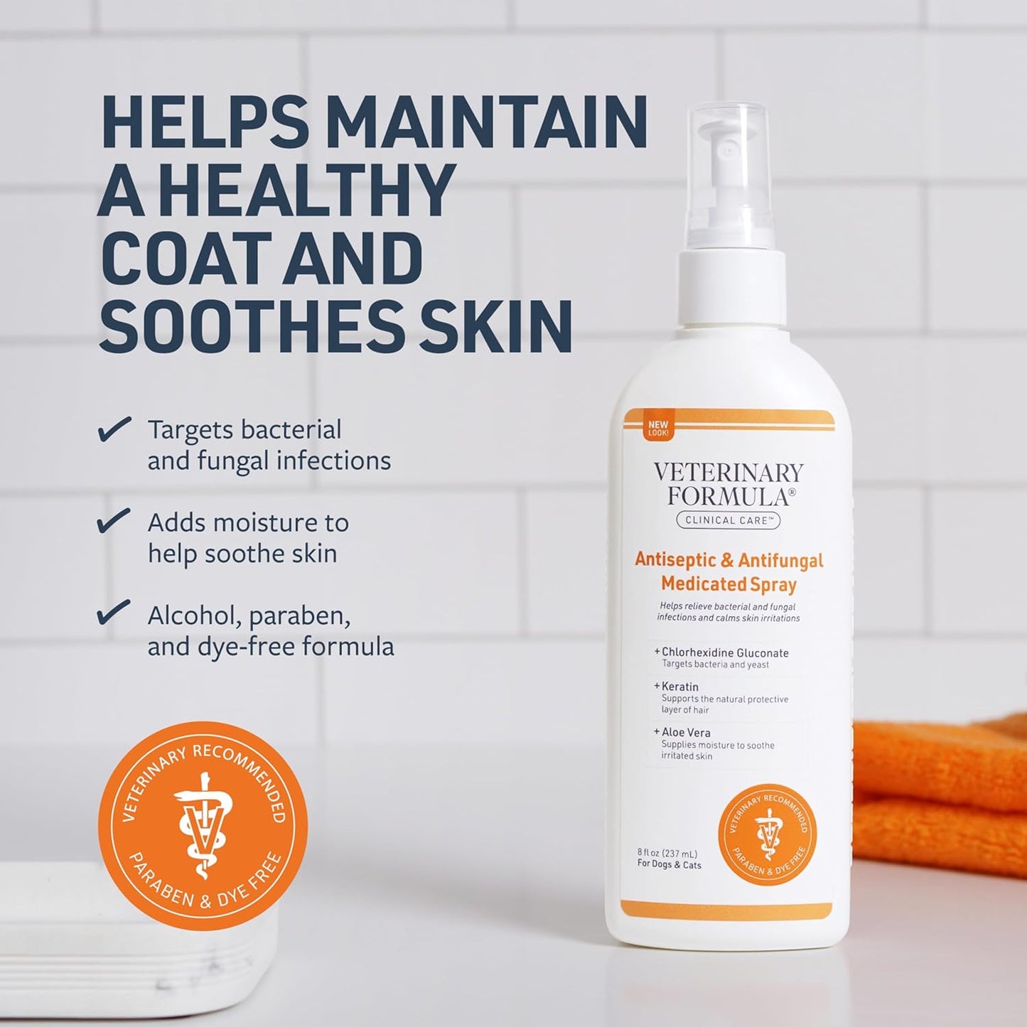 Veterinary Formula Clinical Care Antiseptic and Antifungal Medicated Spray for Dogs & Cats, 8 Fl Oz (1 Pack)