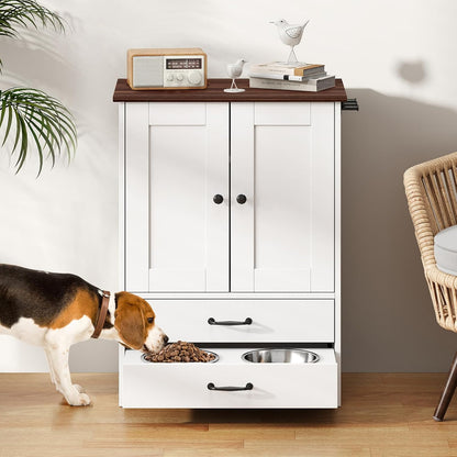 Rovibek Dog Feeding Station with Storage Cabinet - Elevated Dog Bowls with Storage Drawers, Pet Storage Cabinet with Leash Hooks, Pet Organizers for Food & Supplies