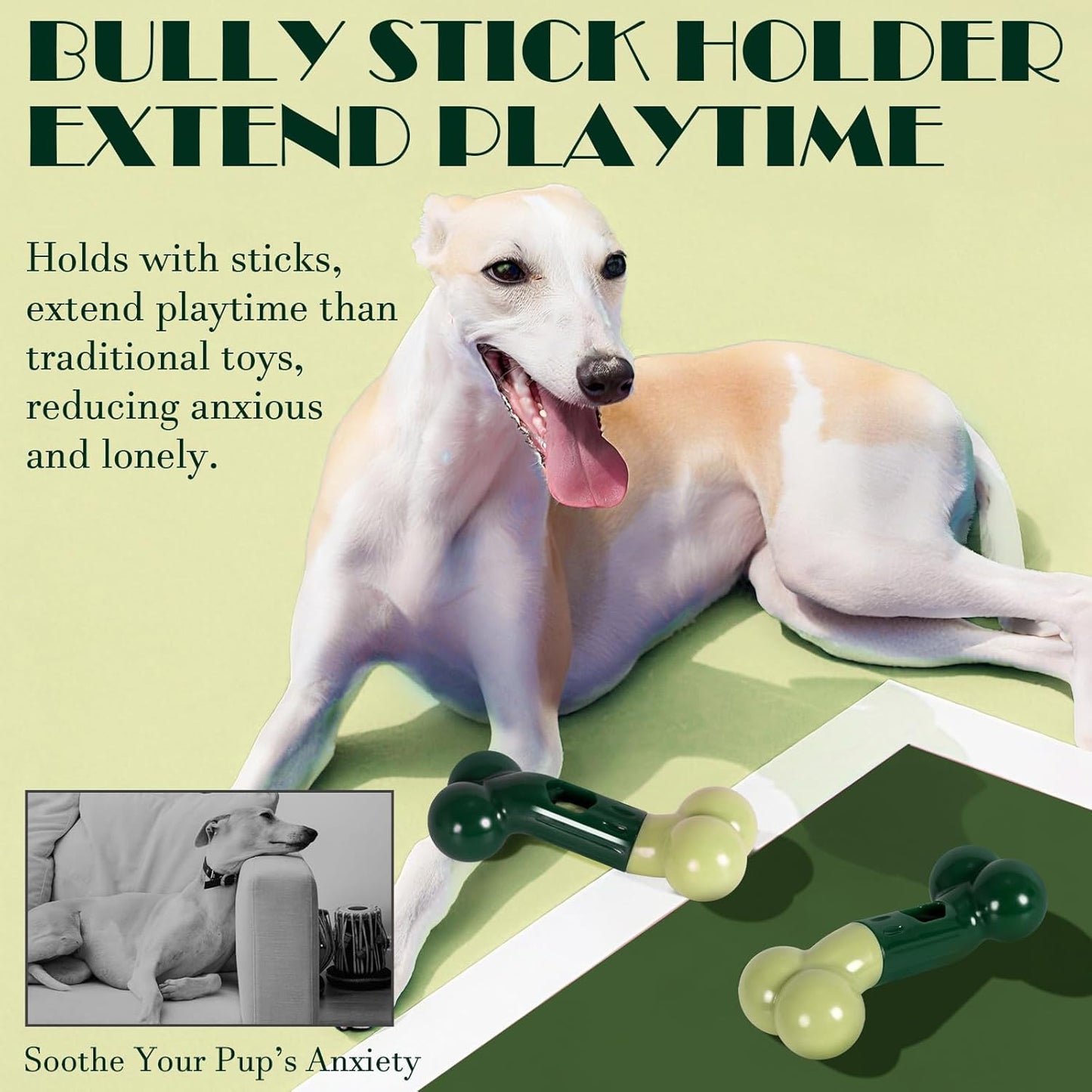Apasiri Bully Stick Holder for Aggressive Chewers: Indestructible Dog Toy Prevents Choking No More Swallowed Ends, Bacon Flavored Nylon Tough Chew Toy to Keep Them Busy Medium/Large Dogs, Green