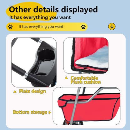 FDW Pet Stroller 4-Wheel Dog Cat Stroller Travel Folding Carrier Puppy Stroller with Cup Holder and Removable Liner for Small Medium Dogs Cats, Red