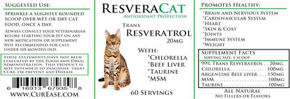 ResveraCat Anti Aging Cat Formula 99% Trans Resveratrol Powder, MSM, Taurine, Chlorella, Beef Liver