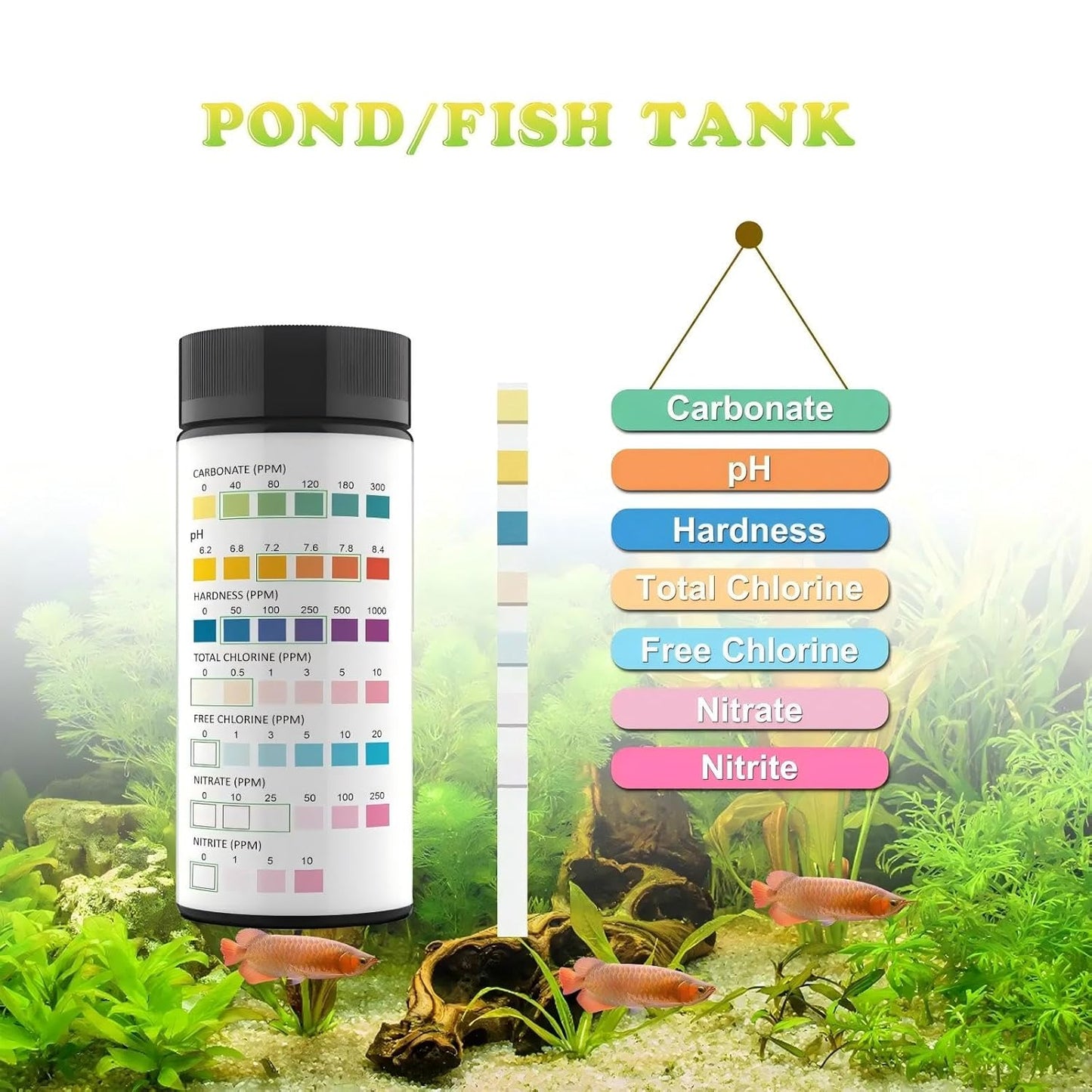 7IN1 Aquarium Test Strips - 50 Strips Aquarium Test Kit Fish Tank Test Kit Quick&Accurate Testing Freshwater&Saltwater Nitrate Nitrite Hardness Free Chlorine pH Carbonate Total Alkalinity