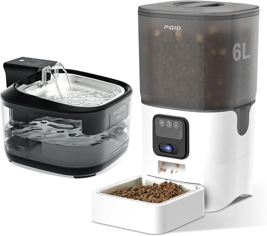 6L Automatic Cat Feeder with Camera 2.4G WiFi Pet Feeder+ Wirelkess Cat Water Fountain 5000mah Battery Operated Dog Fountian