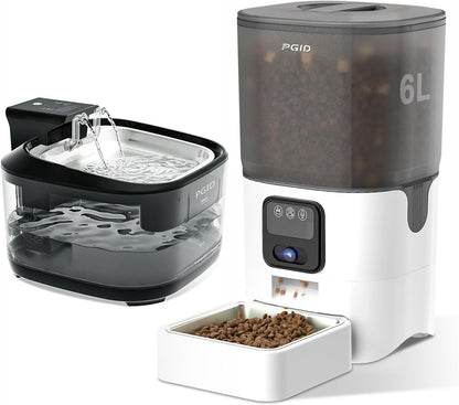 6L Automatic Cat Feeder with Camera 2.4G WiFi Pet Feeder+ Wirelkess Cat Water Fountain 5000mah Battery Operated Dog Fountian