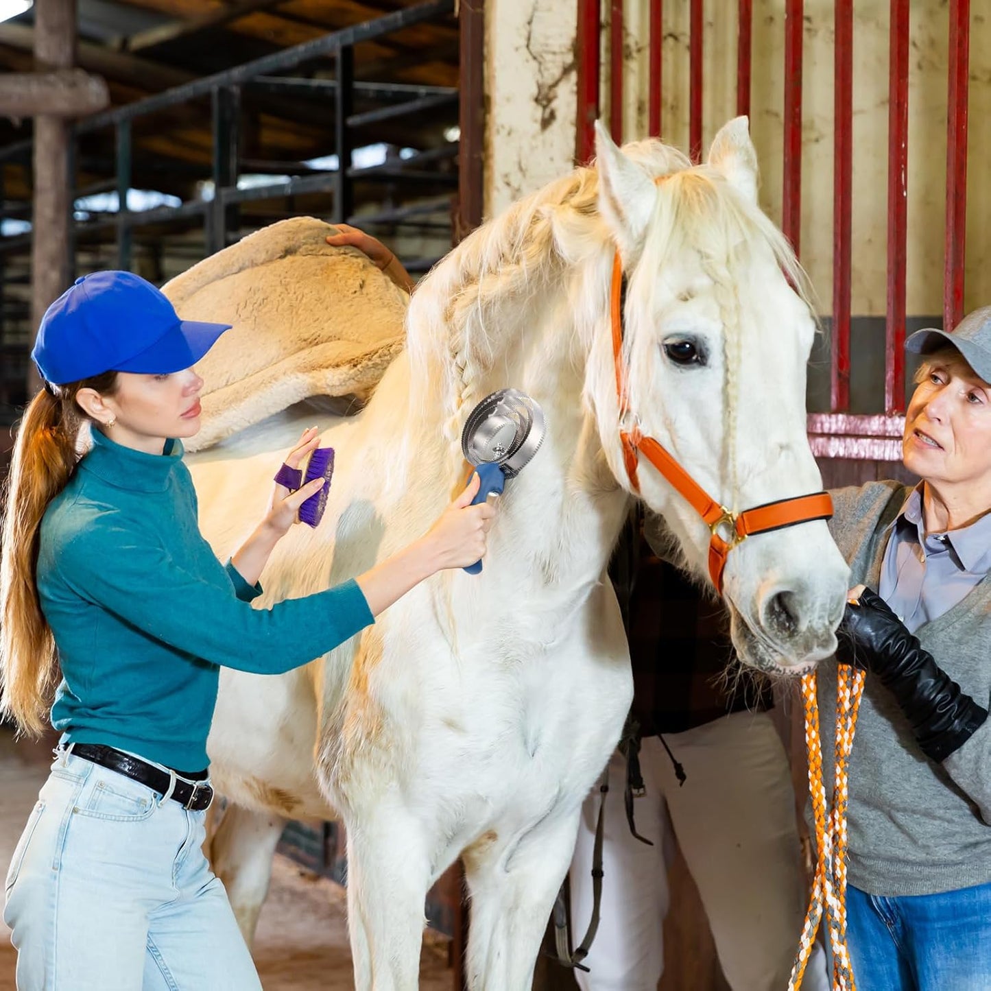 Tanlade 8 Pack 4 Rings Curry Comb Horse Brush Metal Curry Brush Derby Party Supplies Reversible Stainless Steel Curry Comb Scraper with Comfortable Grip for Cow Sheep Pet Dog Goat Horse, Blue