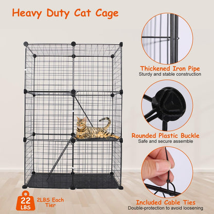 Large 3-Tier Cat Cage, Indoor Cat Enclosures Pliable DIY Cat Playpen, Detachable Metal Wire Kennels Cat Crate Box House with 3 Doors 2 Ramp Ladders for 1-2 Cats, 28.3"L x 14.1"W x 42.2"H,Black
