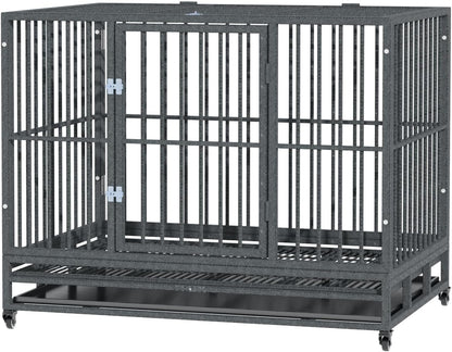 Heavy Duty Dog Crate Metal Cage Kennel Grey Easy Transport Secure Enclosure Pet Safety