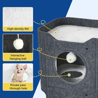 Cat House for Indoor Cats, 2-Storey Cat Bed Cave, Felt Cat Hideaway Condo with Resistant Scratching Freedom Kitten Cube for Multicats Dark Grey