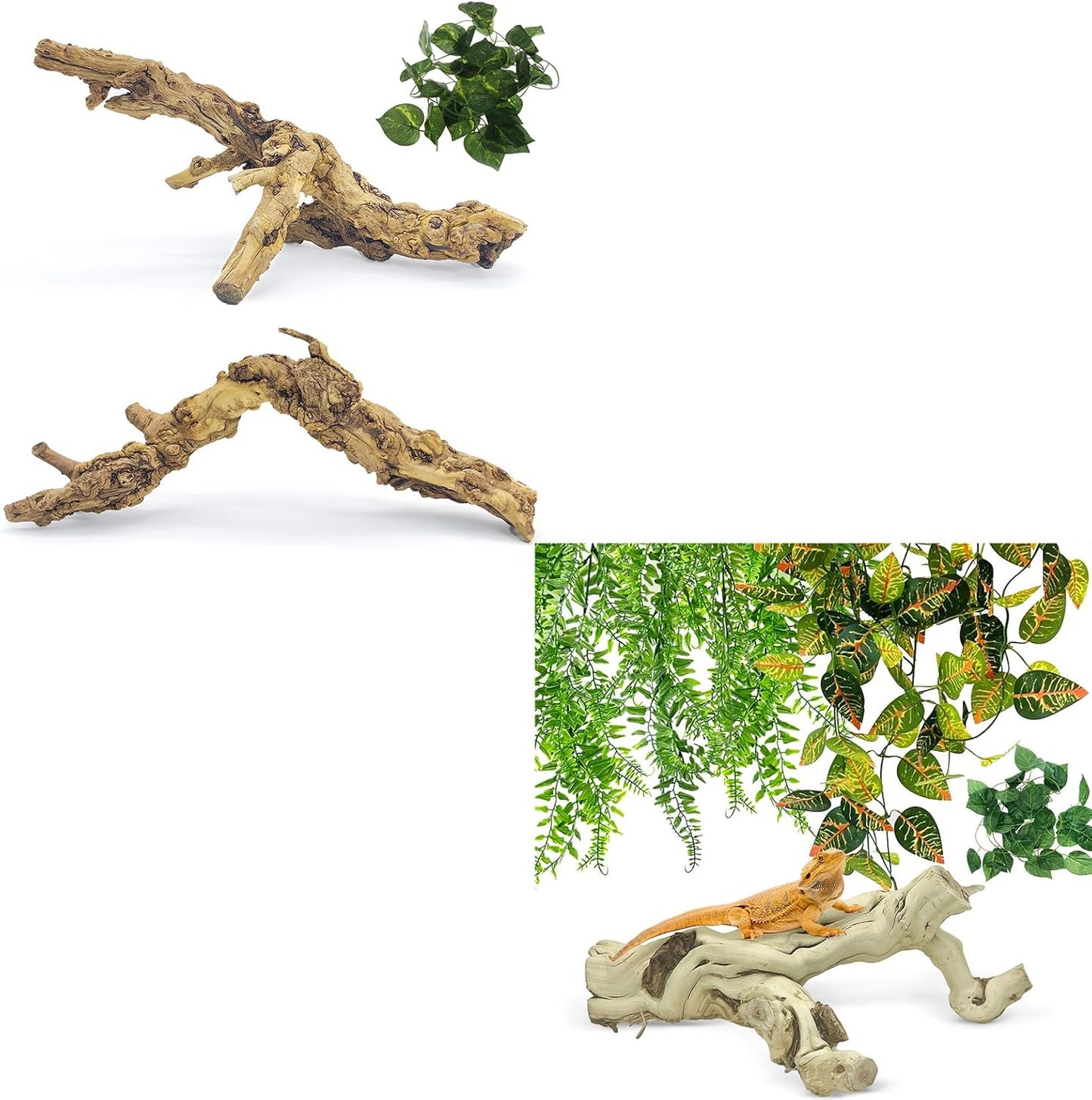 VCEPJH 2 Pack Reptile Wood Branches, Snake Climbing Branch Natural Bearded Dragon Log and 4 Pcs Reptile Plants, Climbing Wood Branch Terrarium Hanging Fake Plant Leaves for Snake Leopard Gecko Lizard