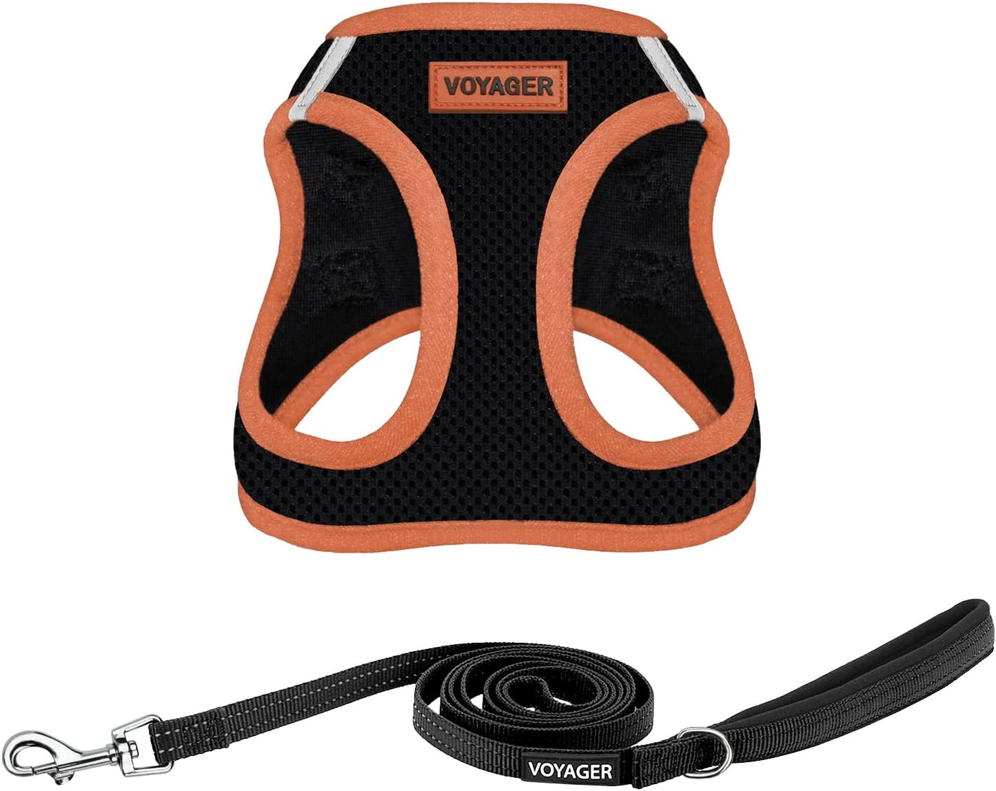 Best Pet Supplies Voyager Step-in Air All Weather Mesh Harness and Reflective Dog 5ft Leash Combo with Neoprene Handle, for Small, Medium and Large Breed Puppies - Set (Black/Orange Trim), Medium