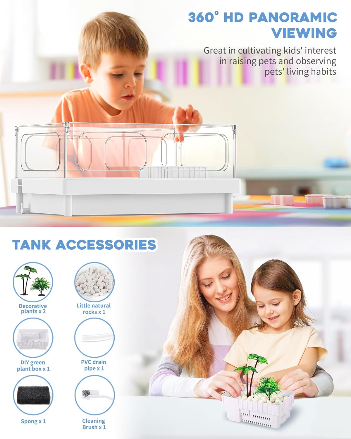 Small Turtle Tank with Filter, Turtle Aquarium, Acrylic Turtle Terrarium with Basking Platform, Bottom Drainage, Multi-Function Areas for Turtles, Crayfish, Small Reptiles (Tank+Filter)