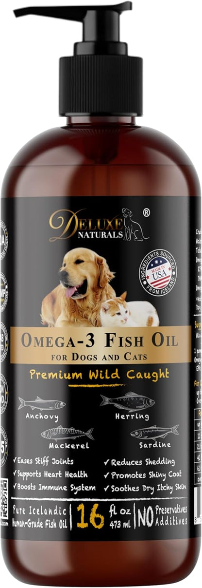Rich Omega-3 Fish Oil for Dogs & Cats | Natural EPA + DHA Fatty Acids for Shiny Coat, Reduce Itchy Skin, Support Joint Function, Immune & Heart Health, 16 FL OZ