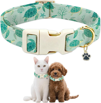 GLOBLELAND Sea Turtles Patterned Dog Collar for Daily Pets Sea Animals Puppy Collars Ocean Adjustable Soft Pet Scarf with Quick Release Buckle for Small Dogs Walking Running