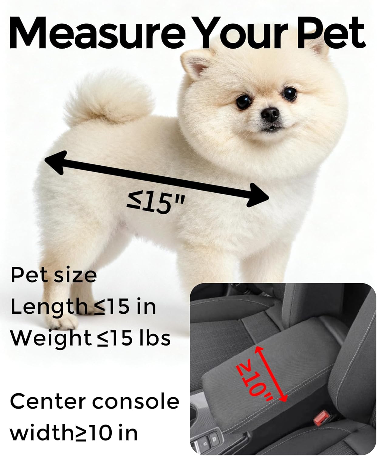 Center Console Dog Car Seat for Small Dogs 0-15 lbs, Pet Car Bed with Adjustable Safety Straps & Hook, Secure Comfortable Puppy Seat for Middle Console