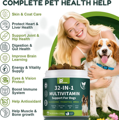 Dog Multivitamin Chewable with Glucosamine & MSM, Omegas 3 & 6, Probiotics, Dog Vitamins and Supplements for Hip & Joint Health, Skin & Coat, Immune Boost & Overall Health 120 Soft Chews