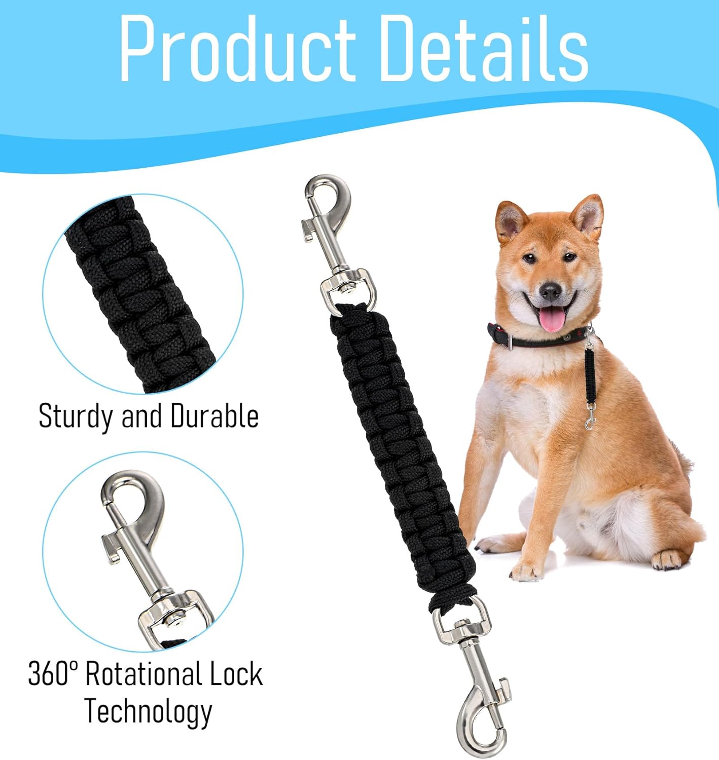 Safety Clip for Prong Collar, 8 Inch Handmade Dog Safety Clip for Walking Training or Hiking, Backup (Black)