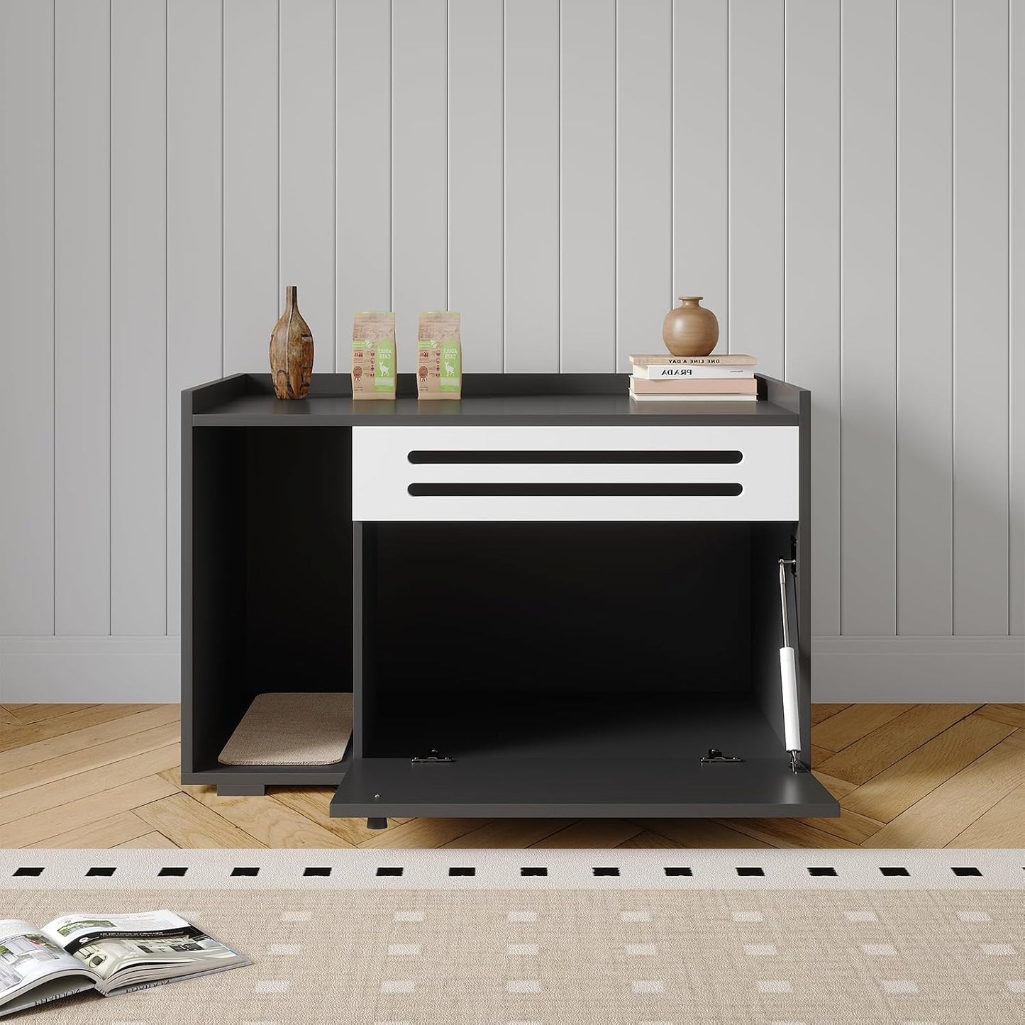 Cat Litter Box Furniture with Flip-Down Door, Spacious Hidden Cat Litter Box Enclosure Cabinet, Ventilated Covered Litterbox Furniture for Easy Cleaning & Privacy, Cats Box, Black