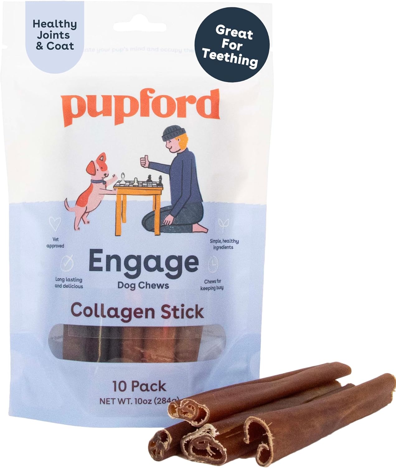 Pupford Collagen Stick Chews for Dogs & Puppies, All Natural, Healthy, Bully Stick and Bone Alternative Treat (6", 10 Pack)