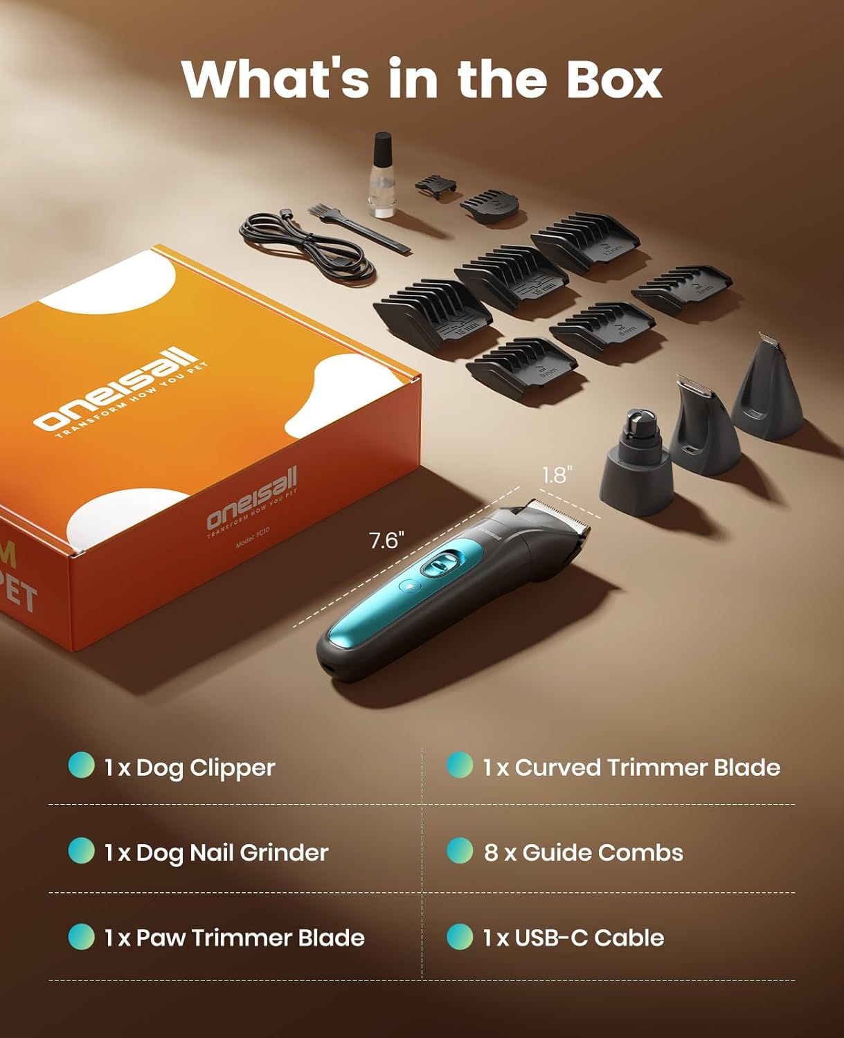 oneisall Professional Dog Grooming Kit at Home: All-in-One Quiet Clippers & Nail Grinder with LED Light, 2000mAh Cordless Dog Shaver, Safe Poodle Grooming Kit for Paws, Face, Ears & Body