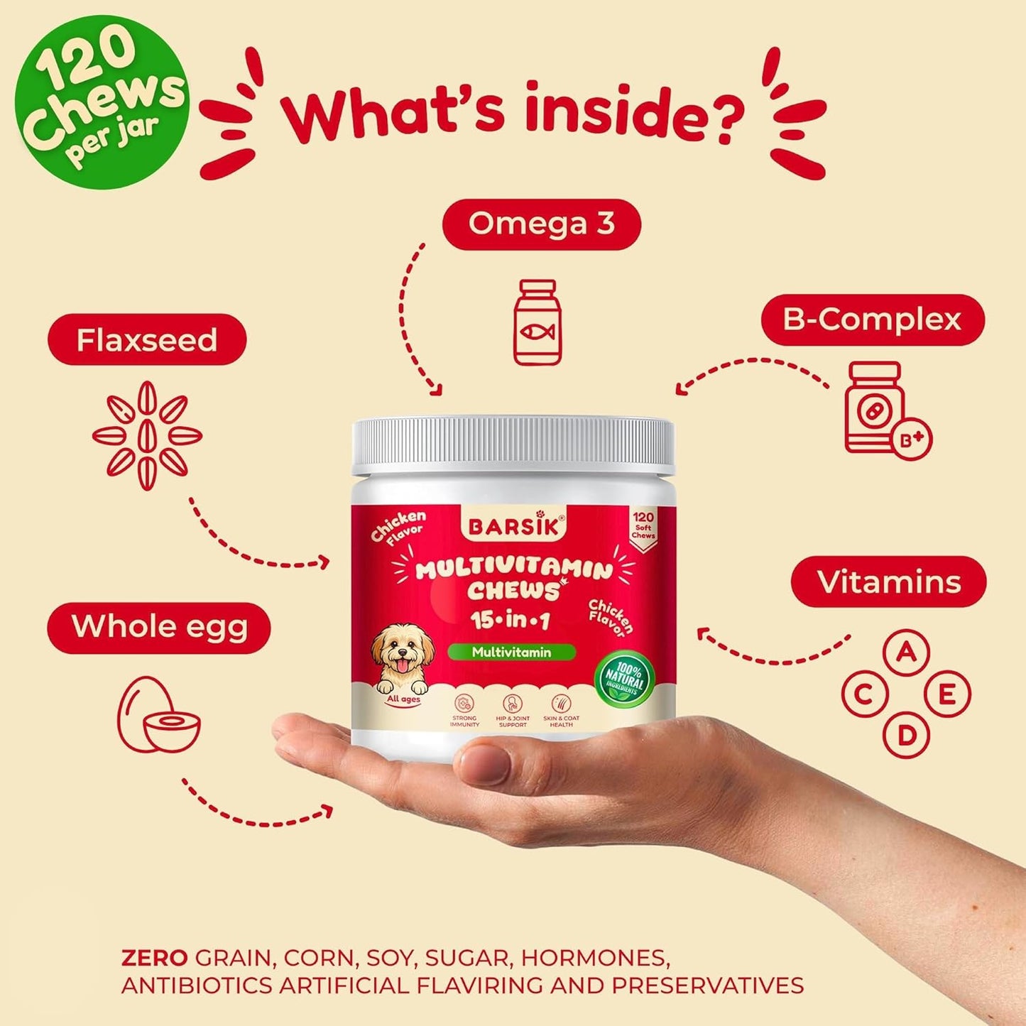 Dog Multivitamin, chewable multivitamin for Dogs, Supplements for Hip & Joints, Skin & Coat, Omega 3 Oil for Immune, Heart & Digestive Health, Senior & Puppy Multivitamin - Chicken Flavor - 120ct