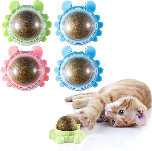 Catnip Balls Wall Interactive Toys Ball 360° Balls for Cats Cat Nip Catnip Toy Anxiety Relief Indoor Edible Cat Nips Organic Ball Rotatable Play Chew Teeth Cleaning 4 Pack