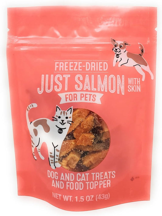 Freeze-Dried Just Salmon with Skin for Pets, Dog and Cat Treats and Food Topper 1.5oz/43g (Pack of 1)