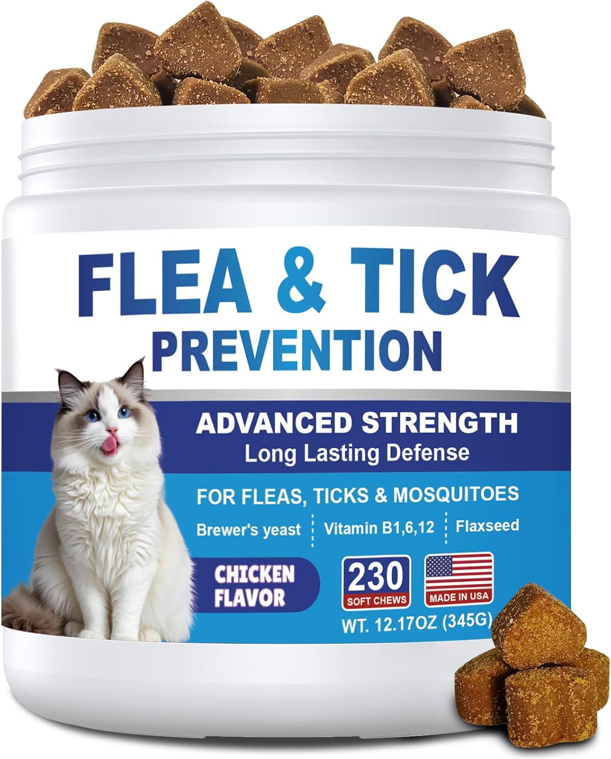 Flea and Tick Prevention for Cats Chewables 230 Soft Treats - Flea and Tick Chews Supplement, Vet Recommended Supplement Chews, Skin & Coat Support for Cats, Kitten, All Breeds & Sizes