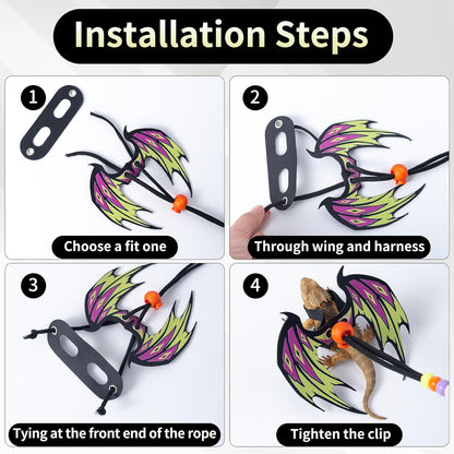 COMSUN 2 Pack Bearded Dragon Lizard Harness Leash Set, Adjustable Reptile Lizard Leashes with Colorful Soft Leather Dinosaur Wing for Geckos, Chameleon, Lizards