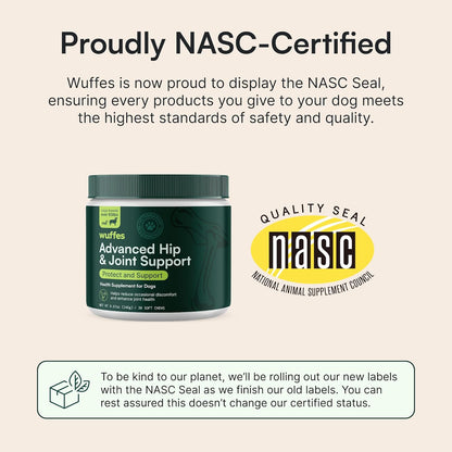 Wuffes Advanced Dog Hip and Joint Supplement with Glucosamine, Chondroitin, Omega 3, MSM, and Green Lipped Mussel, 30 Pork Flavored Chews for Large Dog Breeds