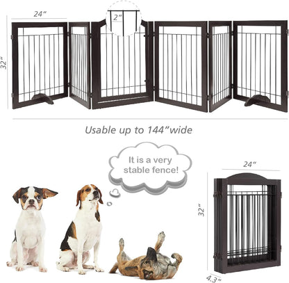 PAWLAND 144-inch Extra Wide 30-inches Tall Dog gate with Door Walk Through, Freestanding Wire Pet Gate for The House, Doorway, Stairs, Pet Puppy Safety Fence, Support Feet Included, Espresso,6 Panels