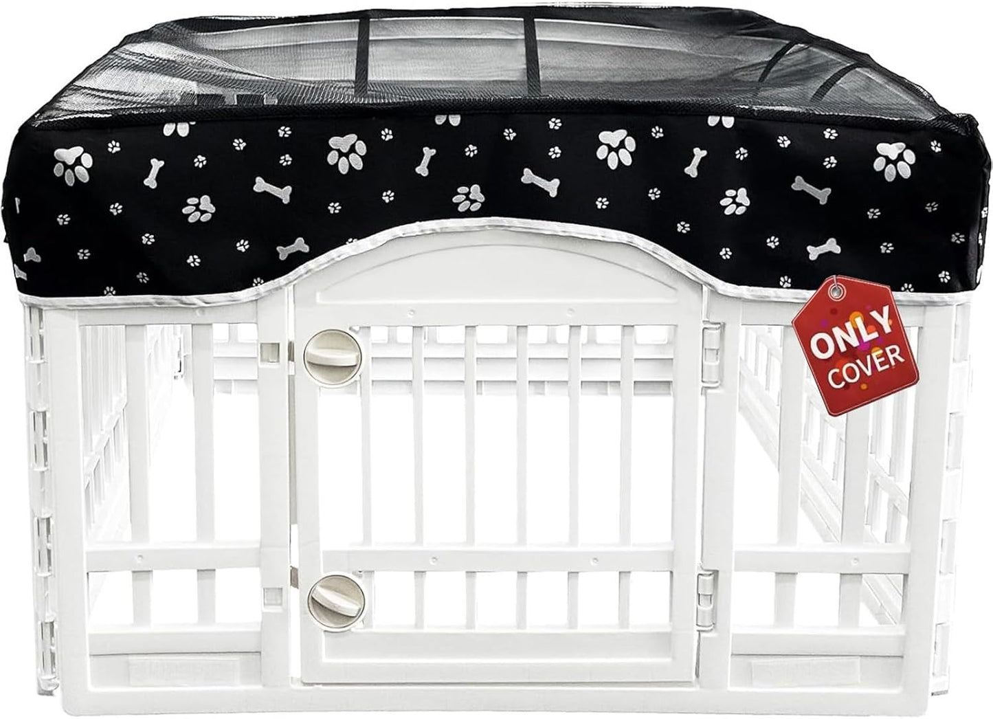 PJYuCien Dog Playpen Mesh Top Cover, Fits 36 Inch 4 Panels Regular Square Plastic Exercise Pet Pen, Adhesive Tape Connections, Black paw (Note: Cover Only, Fence Not Included)