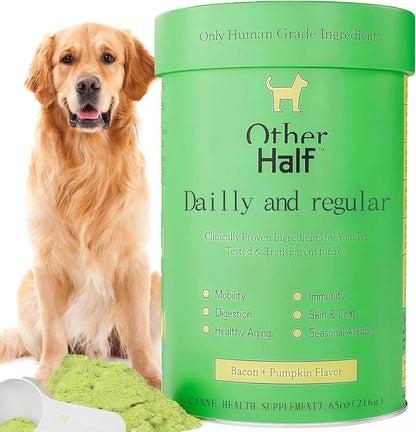 Other Half Dog Multivitamin – Daily Support for Joints, Gut, Allergies, Immune System, Urinary Tract, Skin, and Coat. Contains chondroitin, Omega-3, Dog probiotics, and 45 Active Ingredients