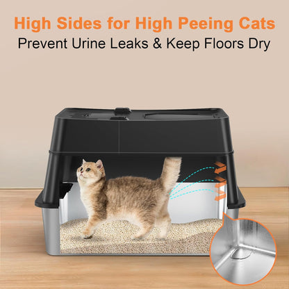 URPOWER XXXXL Stainless Steel Cat Litter Box with Lid 110° Flip-Top Extra Large Enclosed Litter Box Non-Sticky Metal Pan with High Sided & Scoop, Front & Top Entry, Anti-Leakage, Easy Cleaning