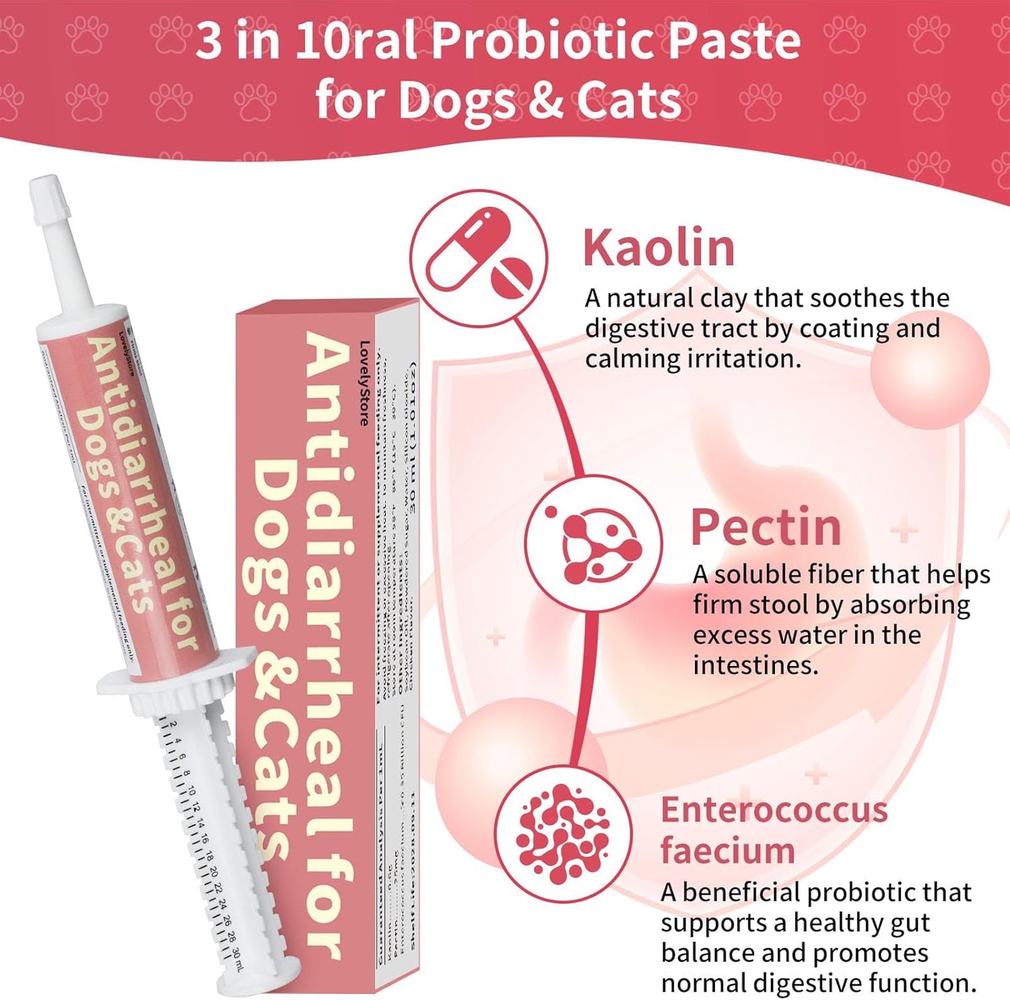 Antidiarrheal for Dogs Anti-Diarrhea for Cats Supplement - Kaolin & Pectin Probiotic Paste Fast-Acting Digestive Support - Puppy Probiotic Supports Firms Stool, Soothes Upset Stomach, Balances Gut pH