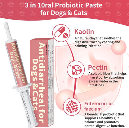 Antidiarrheal for Dogs Anti-Diarrhea for Cats Supplement - Kaolin & Pectin Probiotic Paste Fast-Acting Digestive Support - Puppy Probiotic Supports Firms Stool, Soothes Upset Stomach, Balances Gut pH