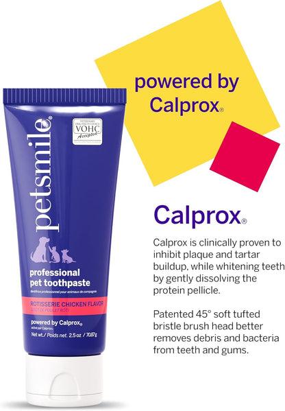 Petsmile Professional Pet Teeth Brushing Kit for Cats & Dogs - Only VOHC Accepted Toothpaste & Patented Toothbrush - Proven to Control Plaque & Tartar Calprox Formula (Rotisserie Chicken, 2.5 Oz)