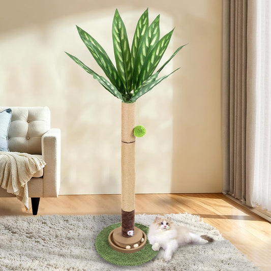Cat Scratching Post, 35 Inch Tall Cat Scratcher Cat Tree Tower with Hanging Ball for Indoor Cats Adults,Peacock Plant Leaf,Sisal Rope Kitten Scratch with Interactive Mouse Cat Toy