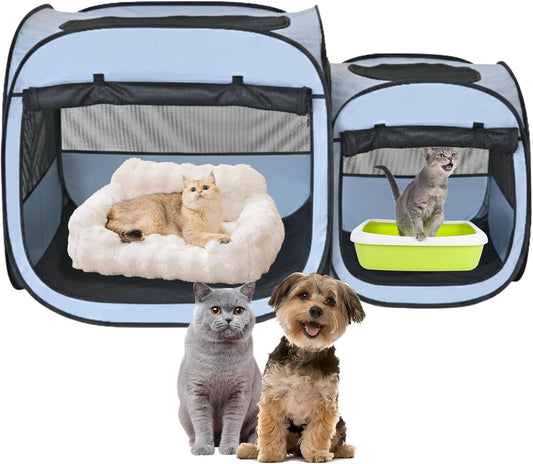 EighteenTek 2-in-1 Portable Cat Playpen, Pop up Large Kitten Playpen, No Assembly Need, Pet Cat Dog Tent Crates Kennel Cage, Cats Enclosure for Dog and Puppy Indoor Outdoor(No Divider, Unified Space)