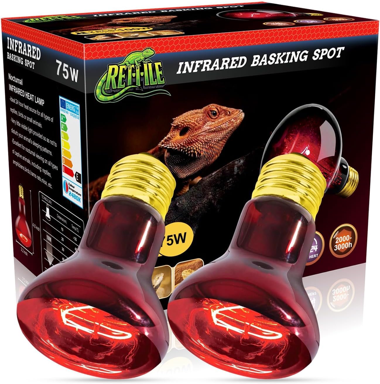 Reptile Heat Lamp 75W, Heat Lamp Bulbs for Reptiles and Amphibians, UVA Daylight Basking Light Suitable for Bearded Dragons, Lizards, Turtles, and Chickens (2 Pack)