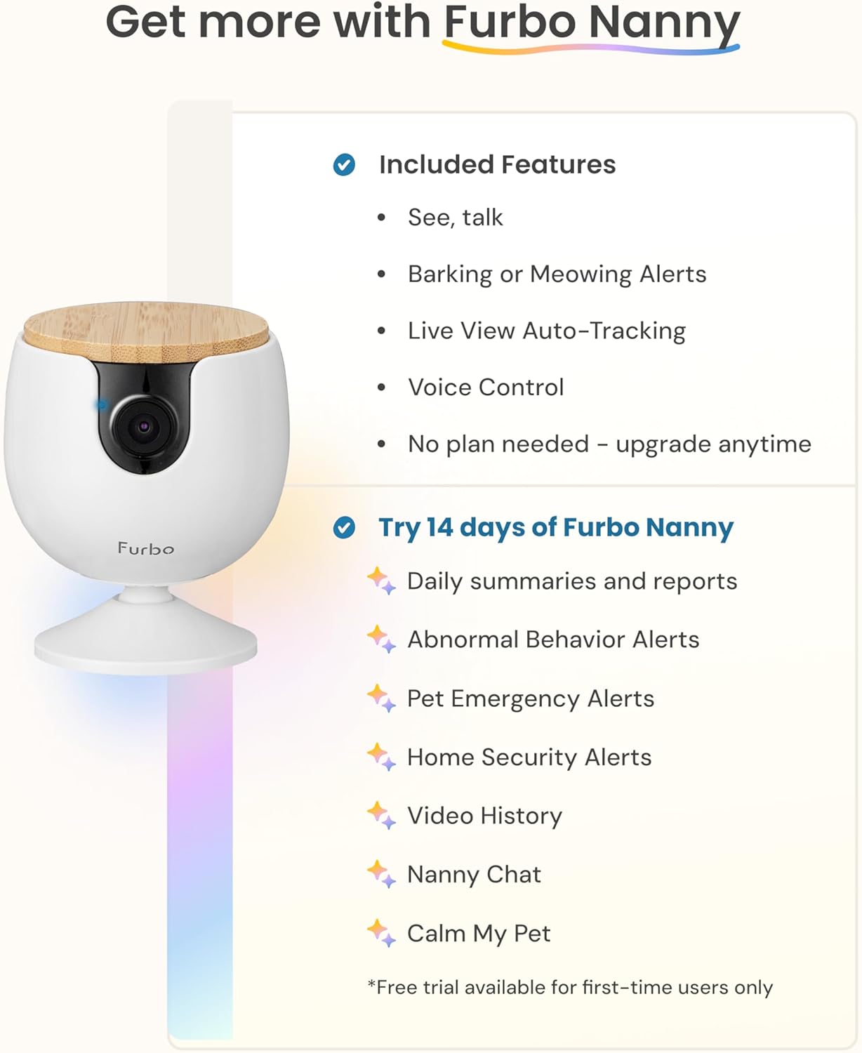 Furbo Mini Pet Camera: Security Cam w/Barking/Meowing Alerts, Cat or Dog Tracking w/Phone App, Smart Home Indoor Monitoring, 2-Way Speaker. No Subscription Needed. Standard See, Talk & Toss Features