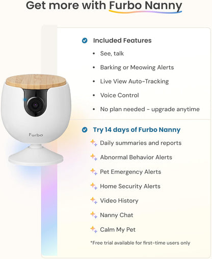 Furbo Mini Pet Camera: Security Cam w/Barking/Meowing Alerts, Cat or Dog Tracking w/Phone App, Smart Home Indoor Monitoring, 2-Way Speaker. No Subscription Needed. Standard See, Talk & Toss Features