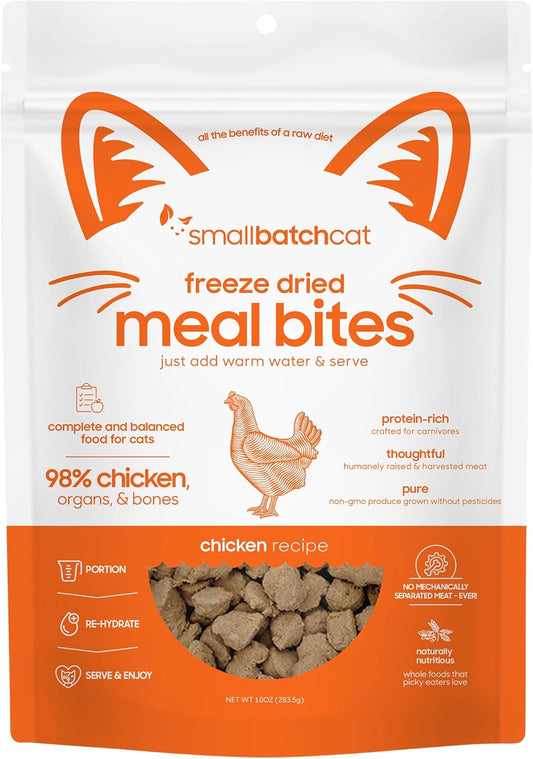 Freeze-Dried Raw Cat Food, Shelf Stable Food Bites, Chicken Recipe, High Protein Meal or Topper for Cats, Humanely Raised Meat, Organic, Non-GMO Produce, Made in The USA, 10oz Bag