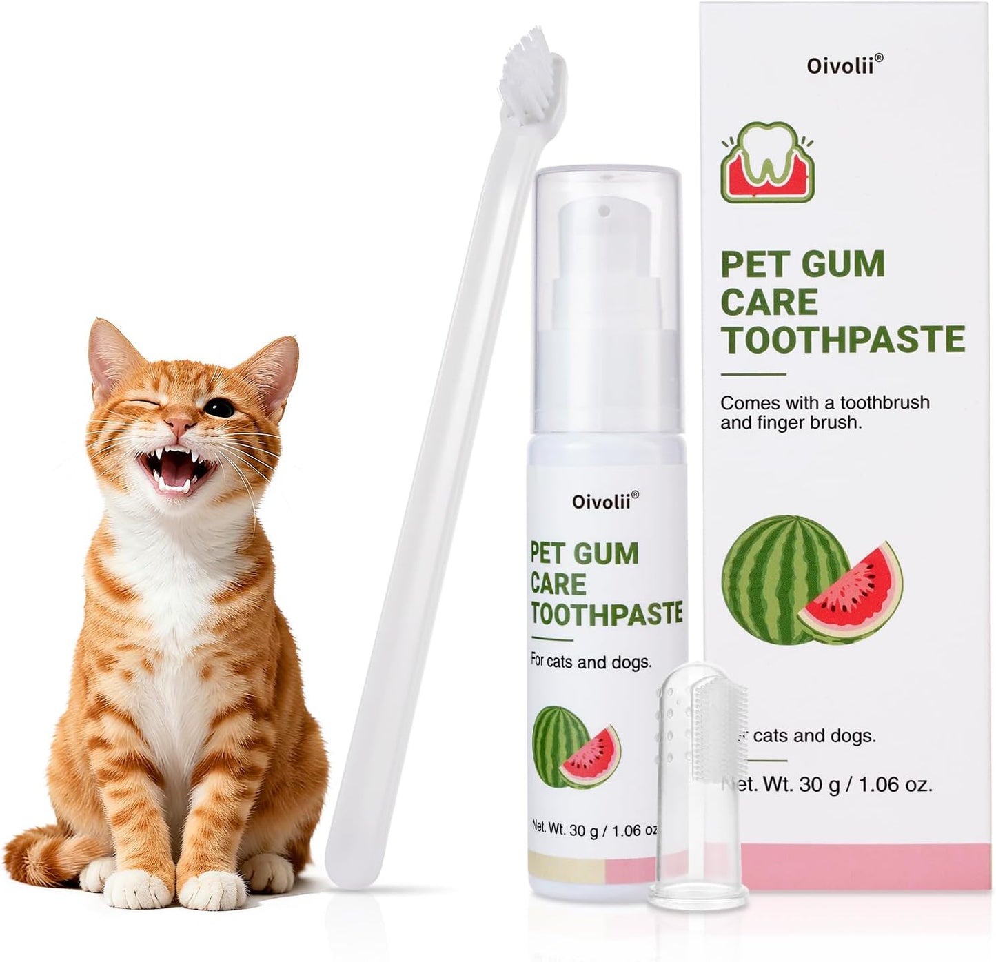 Cat Toothpaste Kit for Gum Care – Watermelon Flavor Dental Toothpaste with Finger Brush & Long-Handle Toothbrush – Soothes Gums, Freshens Breath, Reduces Plaque – Safe & Gentle for Daily Use