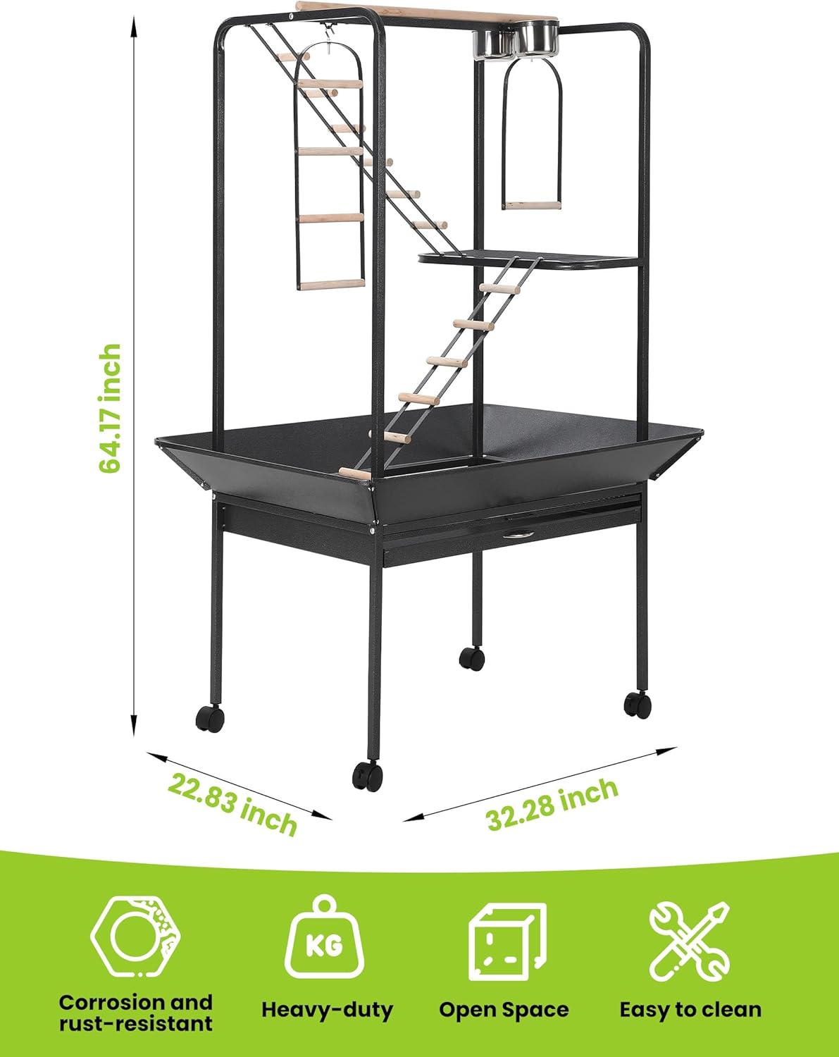 Pet Products Parrot Playstand with Wheels, Bird Cage Stand Activity Play Center with Perches and Ladders, Indoor Outdoor Playground for Birds, Durable Black Hammertone Finish