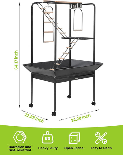 Pet Products Parrot Playstand with Wheels, Bird Cage Stand Activity Play Center with Perches and Ladders, Indoor Outdoor Playground for Birds, Durable Black Hammertone Finish